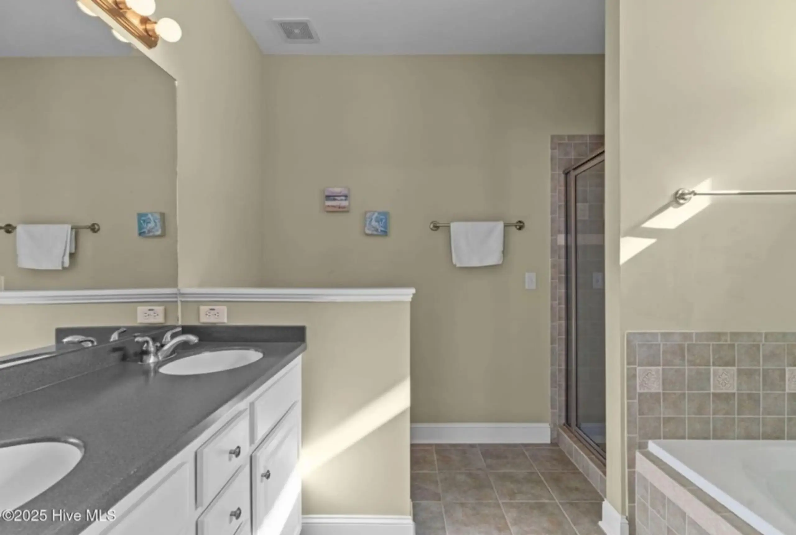 Bright bathroom with double vanity and shower