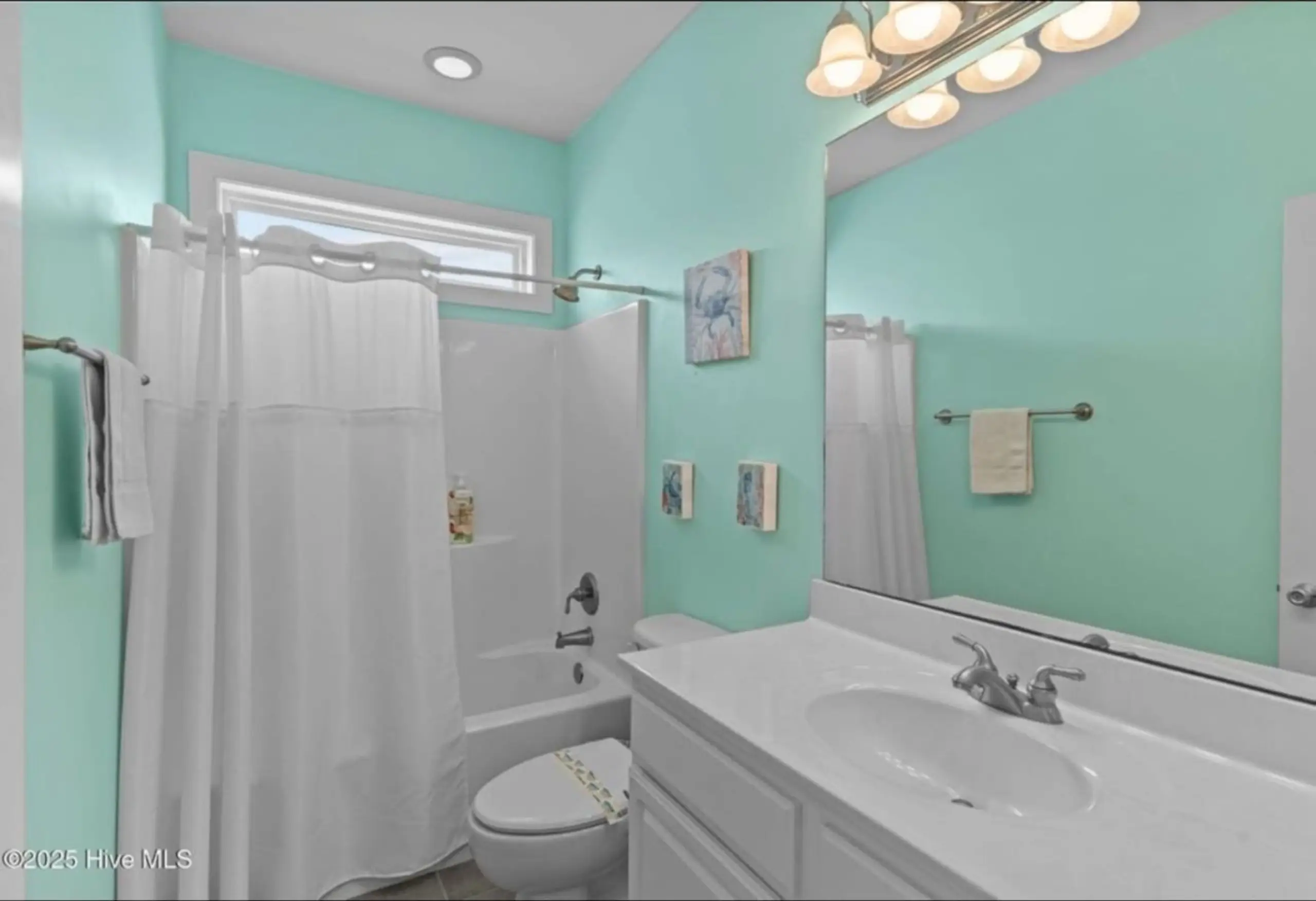 Mint green bathroom with shower and vanity
